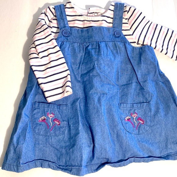 Crown & Ivy Denim suspender dress 9 month embroidered pockets striped bodysuit - Picture 3 of 9